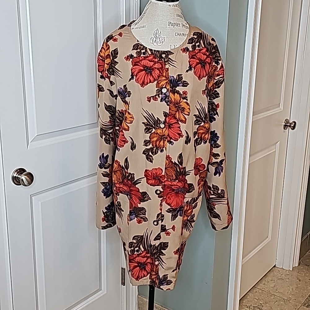 Studio 3000 Vintage Beige & Orange Floral Silk Button-Down Jacket - Size 3X - Picture 3 of 9